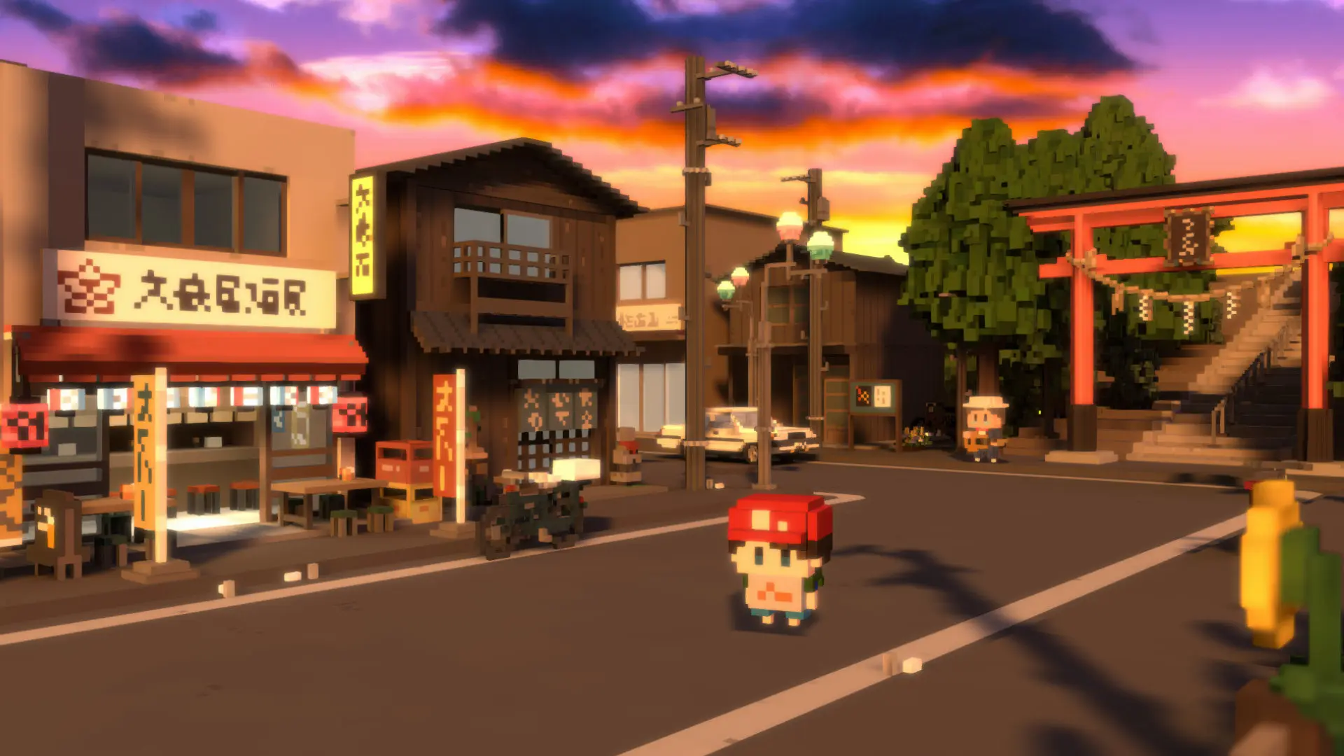 Screenshot of The Kids We Were. A small child stands in a quaint Japanese street around sunset