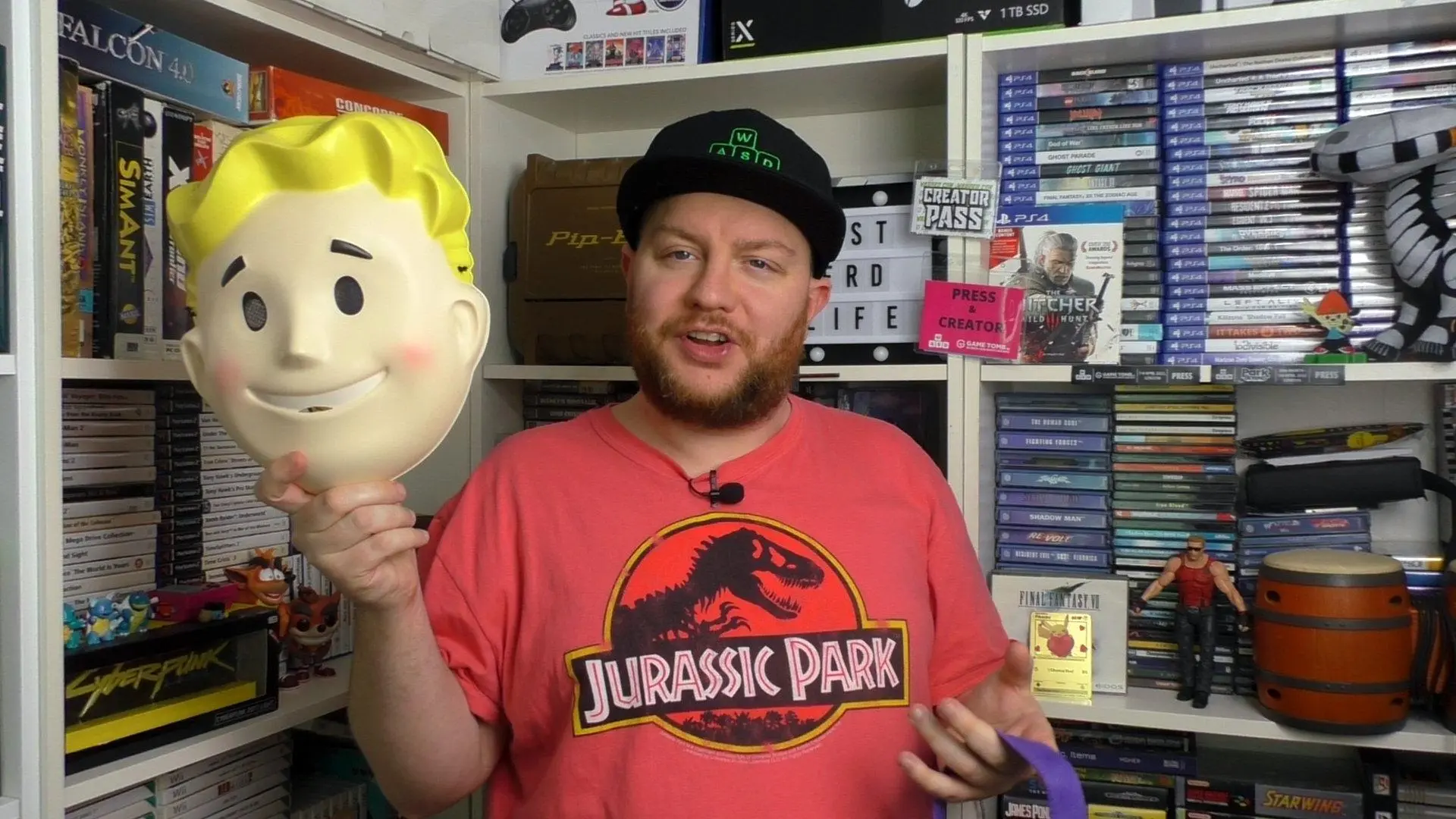 A photo of me holding a Fallout Pip-Boy themed face plastic facemask