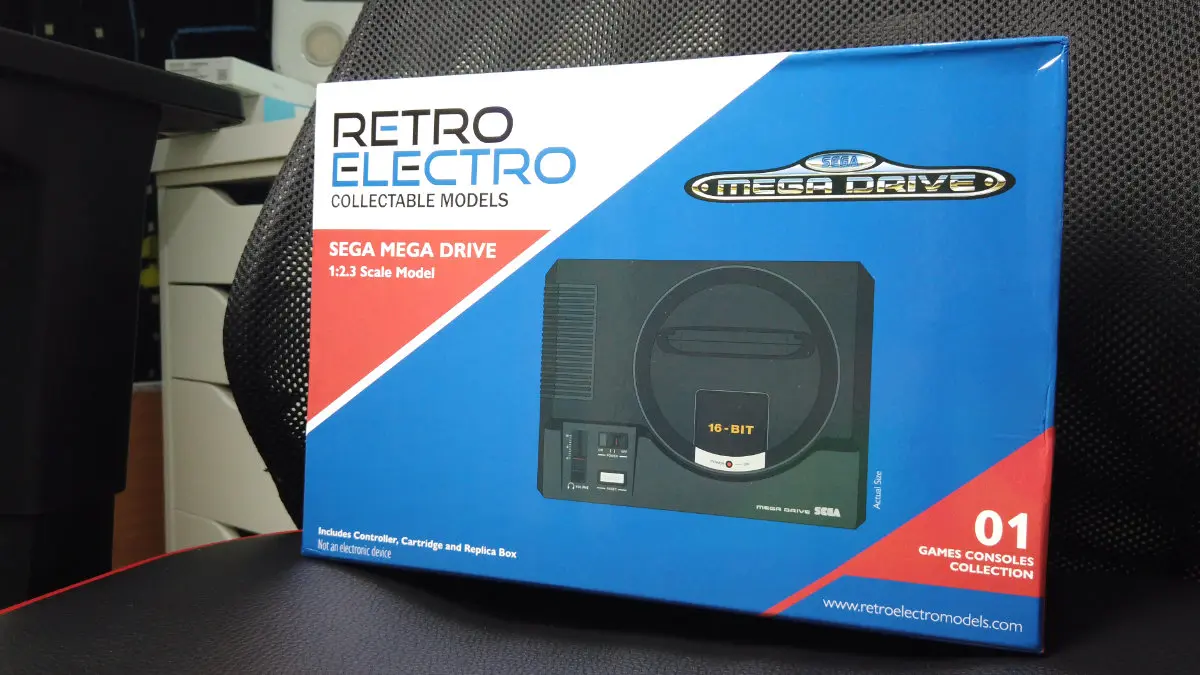 A photo of the Retro Electro Mega Drive box sat on a gaming chair