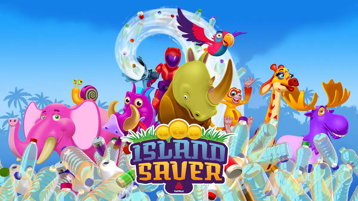 Key art for Saver Island featuring a variety of Bankimals